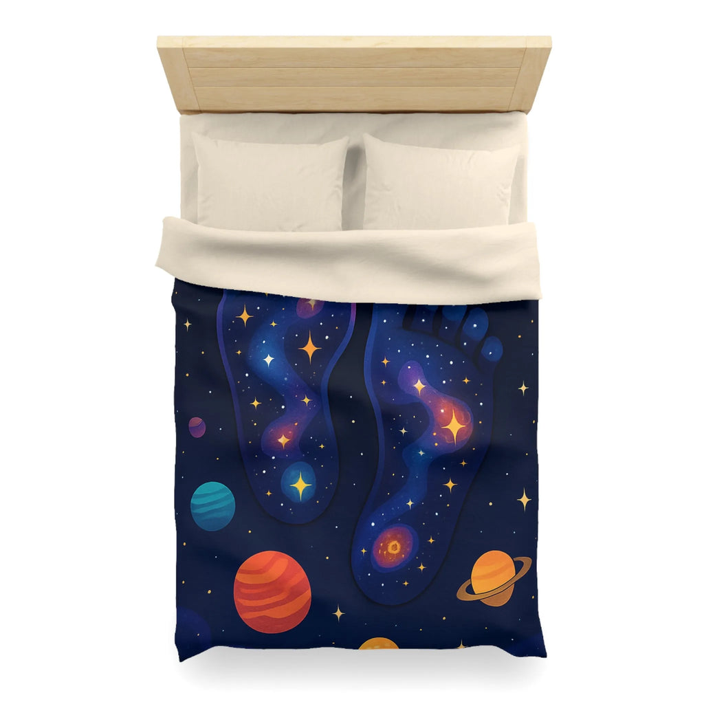 Housse de Couette Cosmos Enchanté avec Motifs de Pieds Galactiques Étincelants et Planètes
