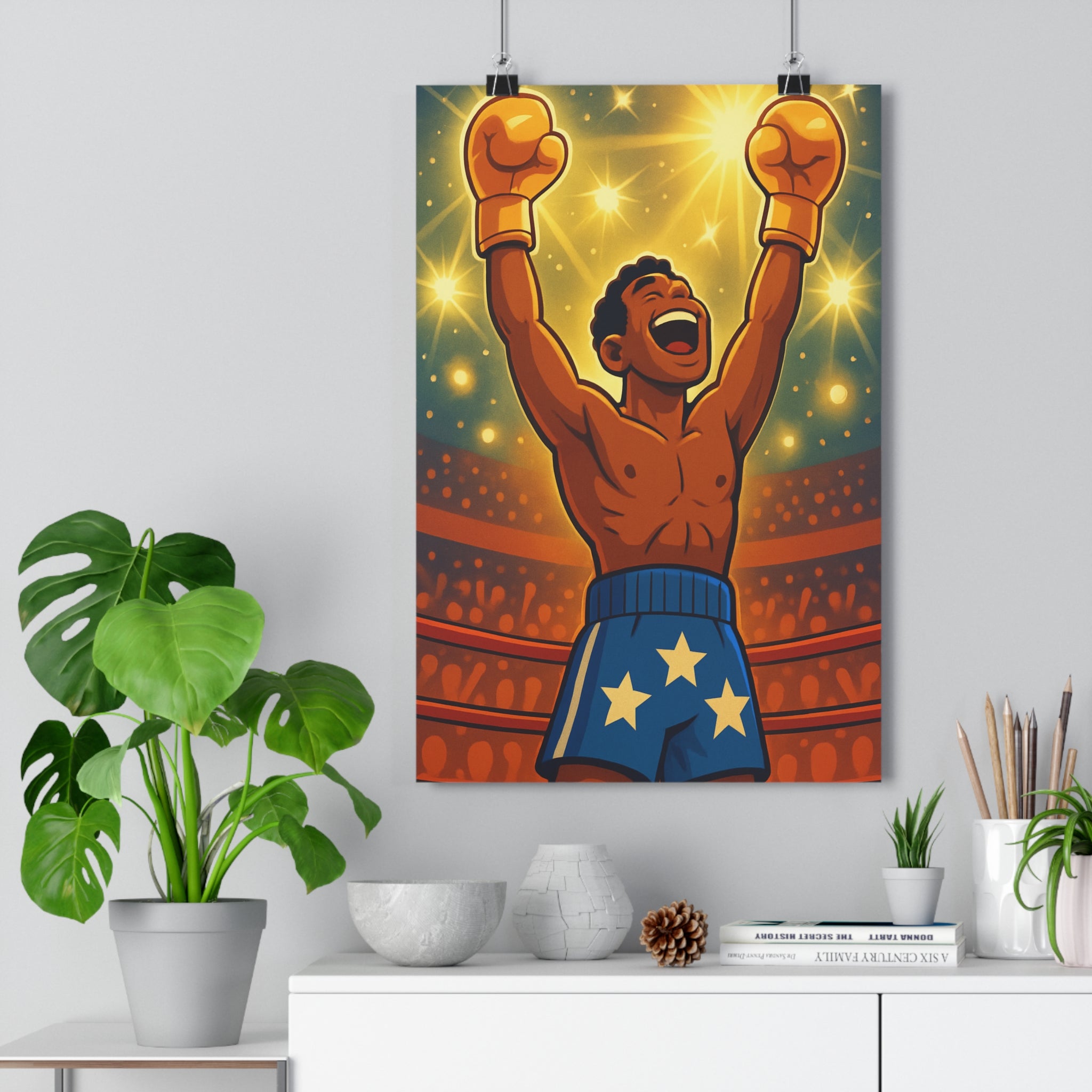Poster décoratif boxe anime éclatant bleu doré lumineux dynamique chambre salon bureau tendance unique