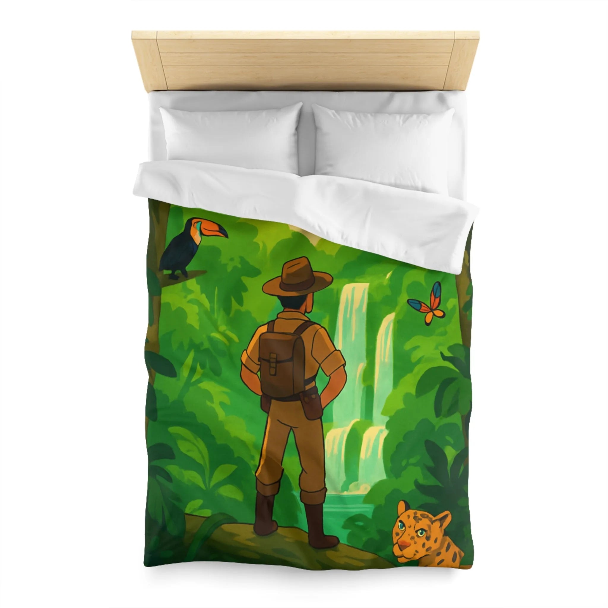 Housse de couette jungle exotique avec explorateur, toucan et paysages luxuriants