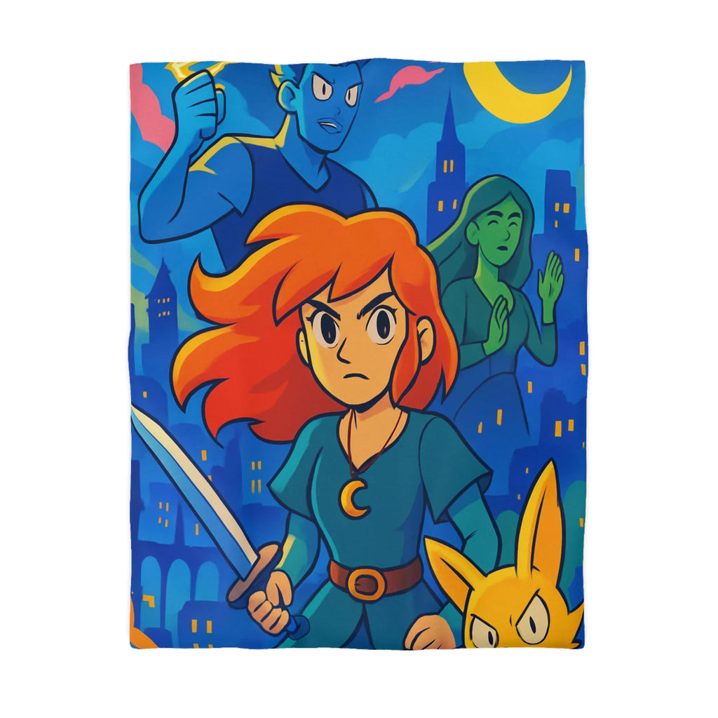 Housse de couette héroïque avec épée, ville nocturne et créatures fantastiques colorées