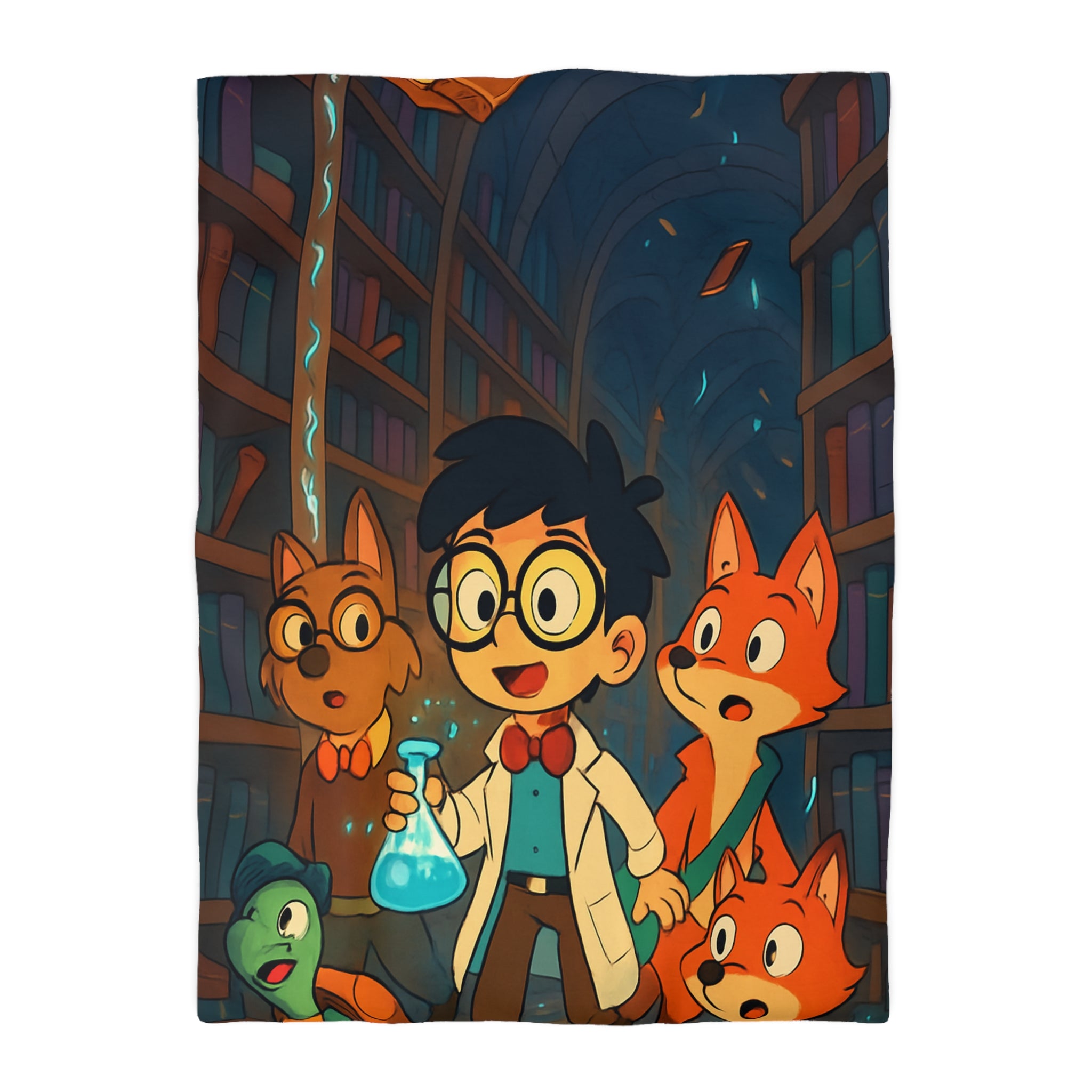 Housse de couette pour enfants avec dessin animé de bibliothèque magique et animaux curieux