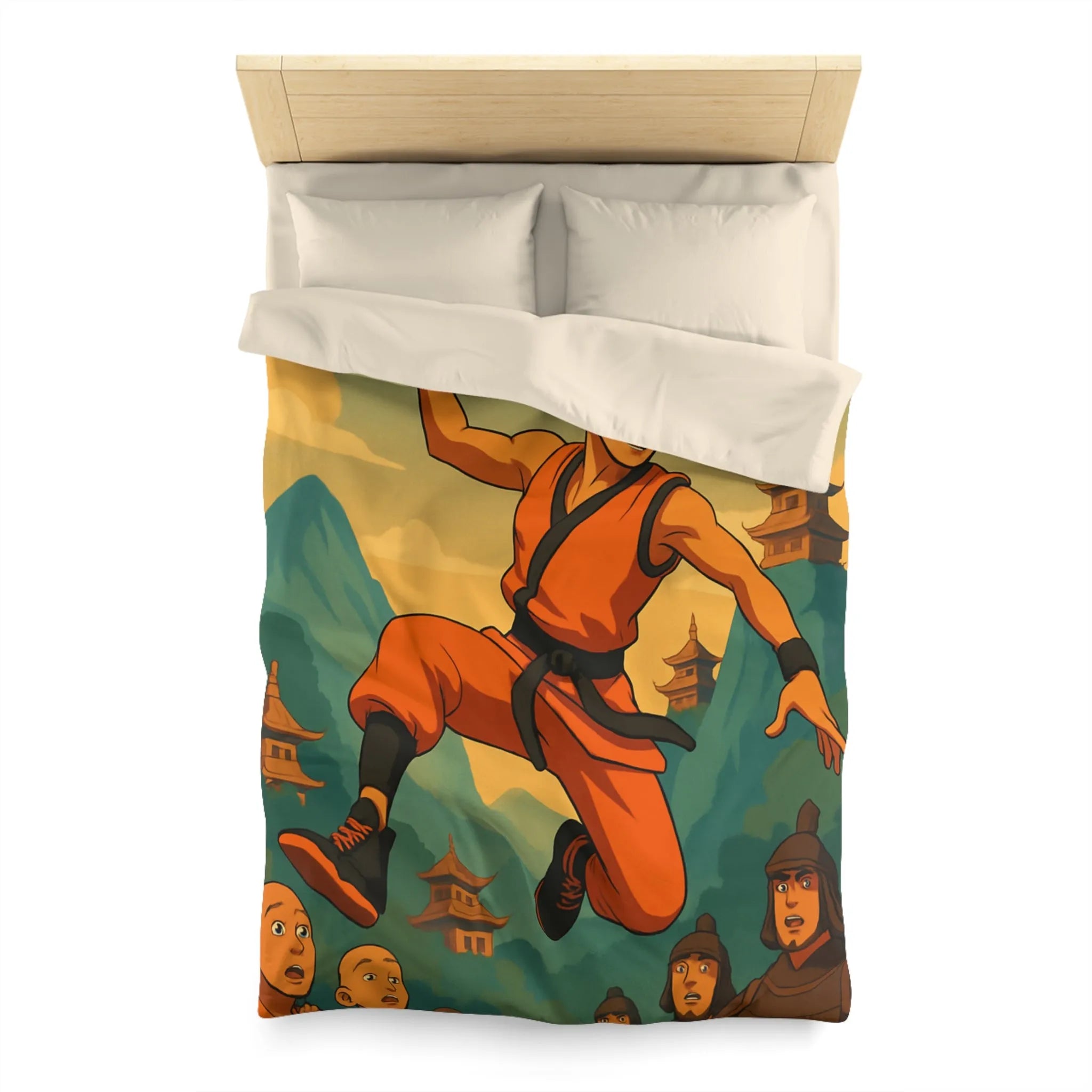 Housse de Couette Art Martial Moine avec Ballon de Basket en Feu Paysage Montagneux