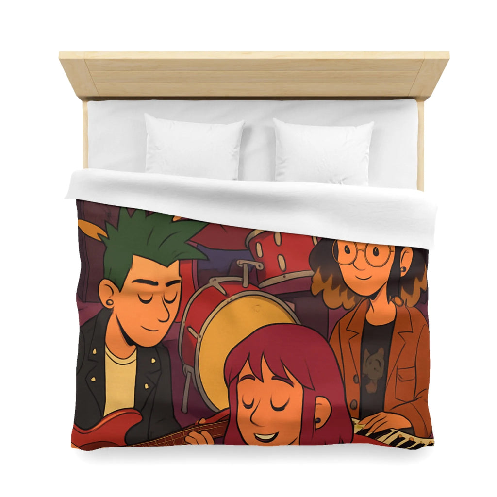 Housse de couette colorée avec jeunes musiciens animés jouant en harmonie joyeuse