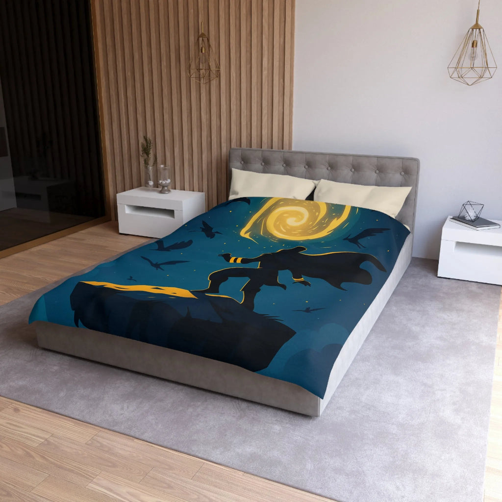 Housse de couette aventure magique, silhouette et spirale dorée dans ciel étoilé