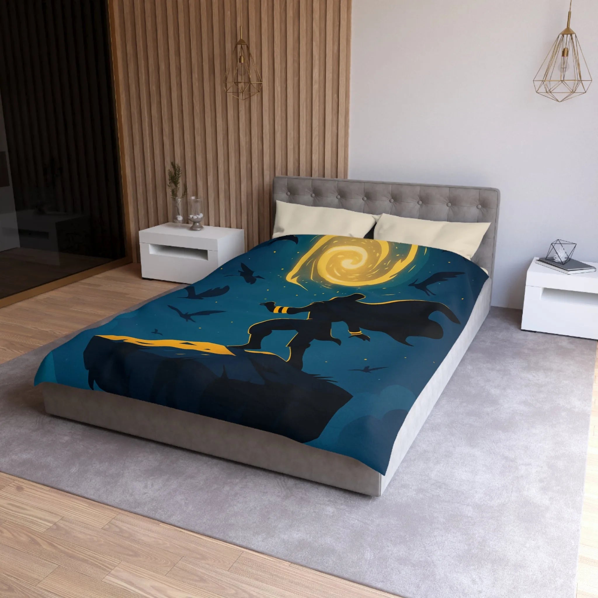 Housse de couette aventure magique, silhouette et spirale dorée dans ciel étoilé