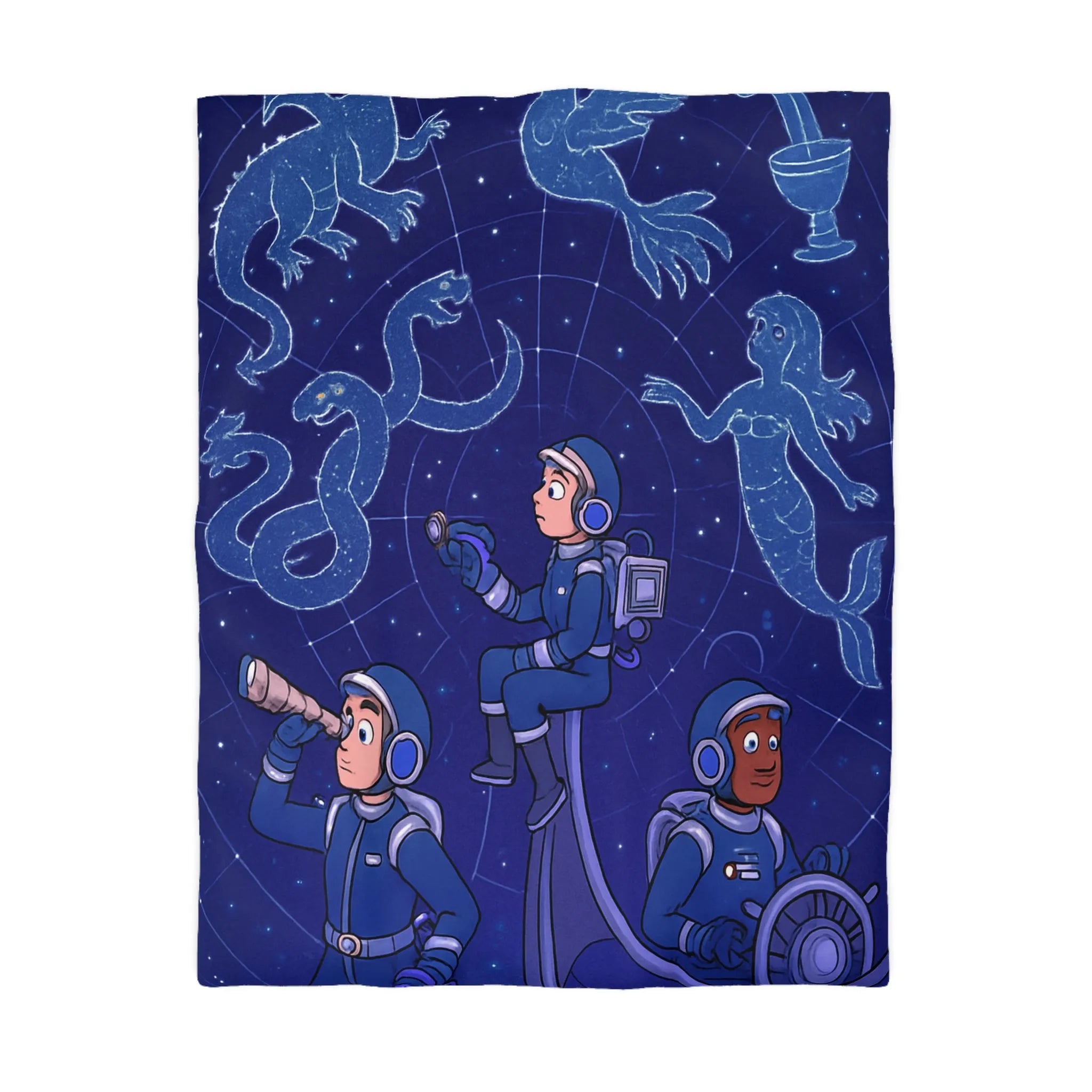 Housse de couette espace enfants avec constellations magiques dragons et sirène.