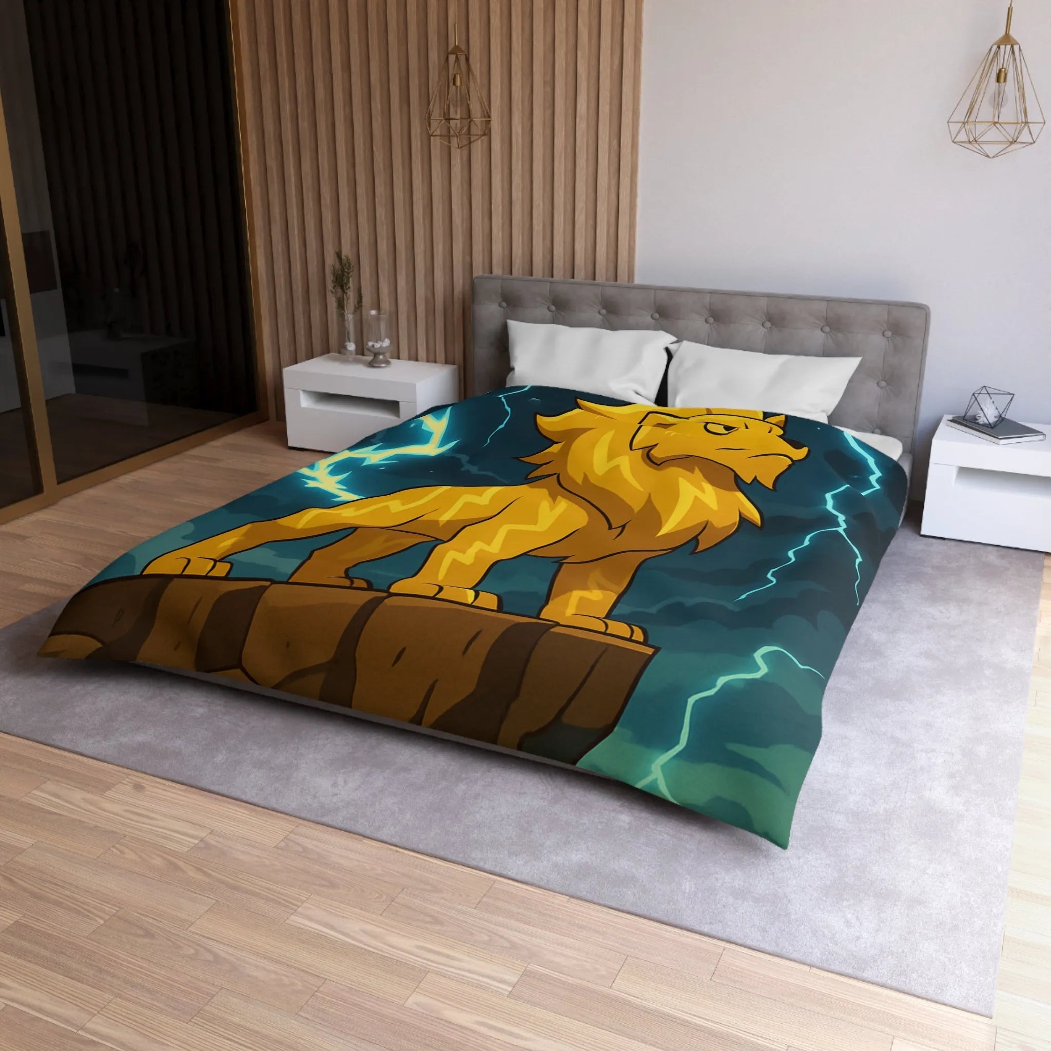 Housse de couette lion éclair lumineux, style animé, ambiance puissante, couleurs vibrantes