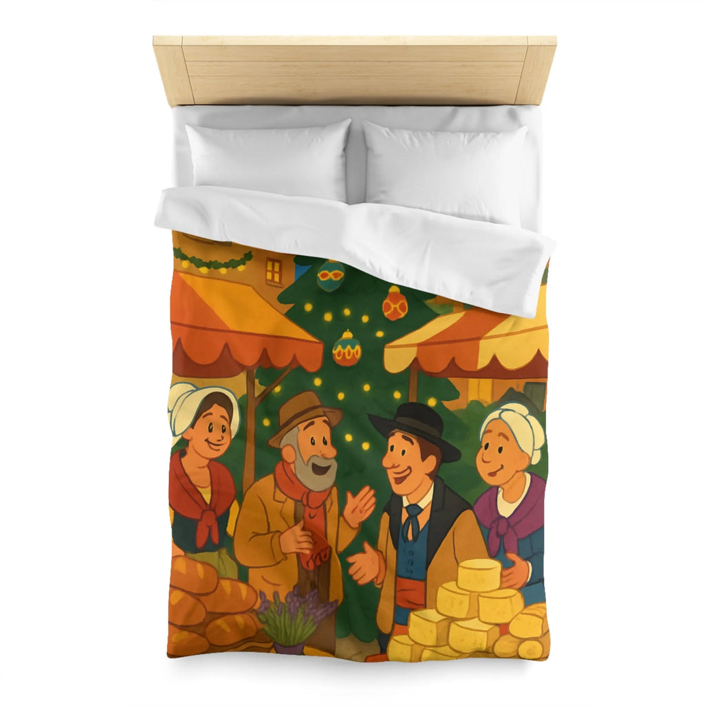 Housse de couette festive avec marché de Noël et sapin illuminé au village