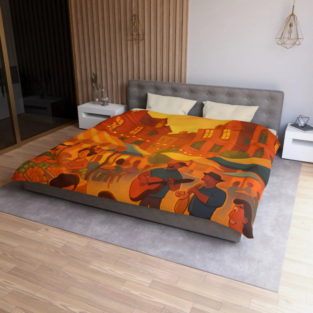 Housse de couette avec illustration de marché animé au coucher de soleil vibrant