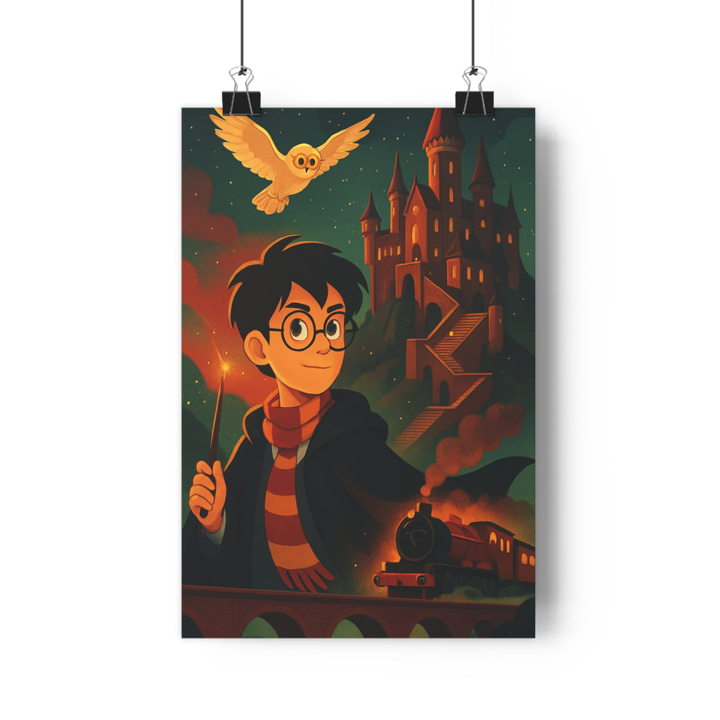 Poster décoratif mystique château rouge or sorcier ambiance magique chambre enfant mystérieux mur élégant