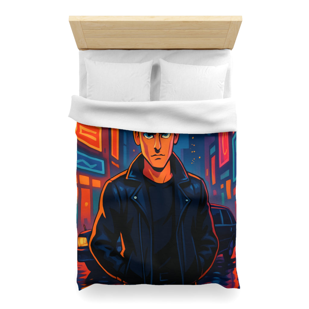 Housse de couette style rétro avec personnage en ville lumineuse sous pleine lune