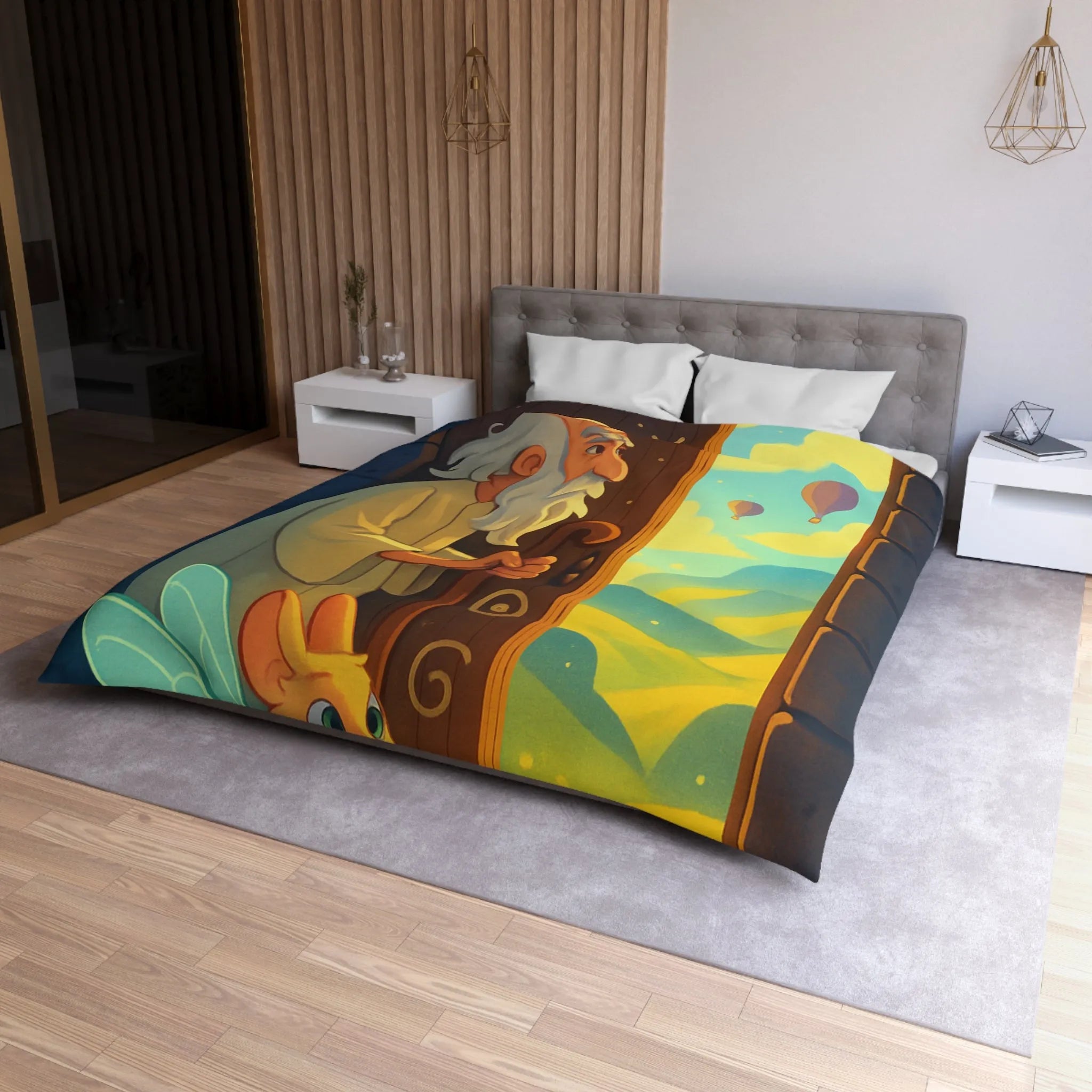 Housse de Couette Fantastique avec Ancien Sage et Paysage Magique Étoilé Soufflant