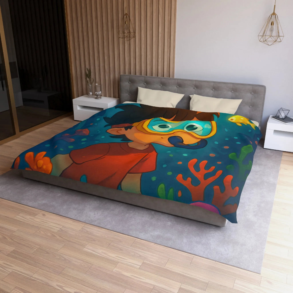 Housse de couette enfantine avec motif sous-marin coloré poisson et garçon plongeur dessiné