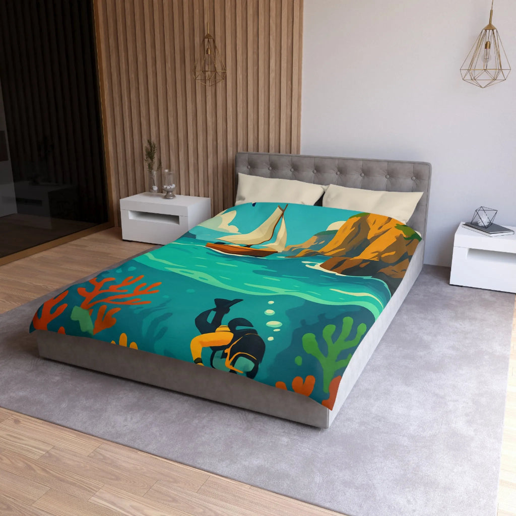 Housse de couette maritime avec plongée, voilier, falaises et récifs colorés