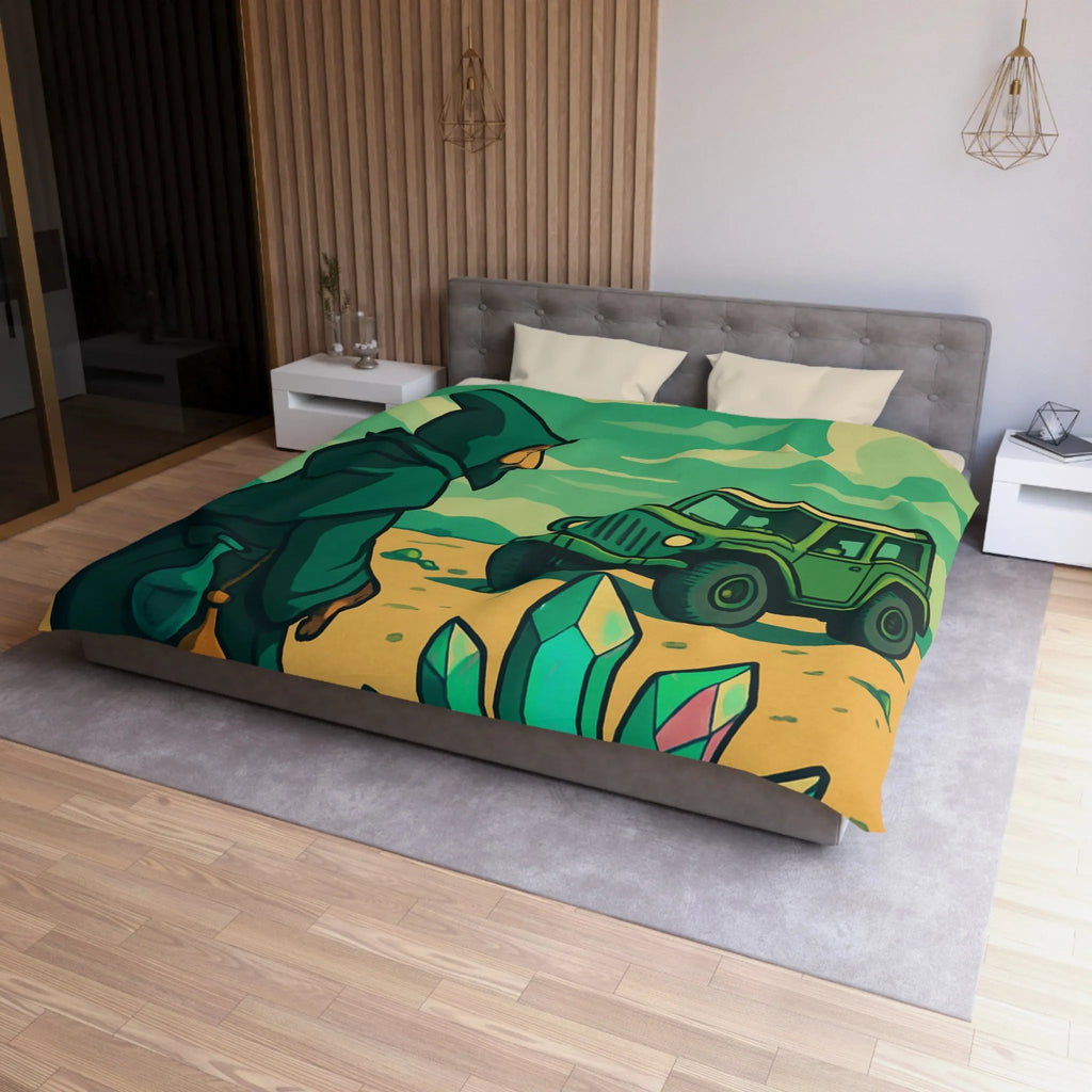 Housse de couette illustrée avec paysage surnaturel, grotte colorée et véhicule tout-terrain