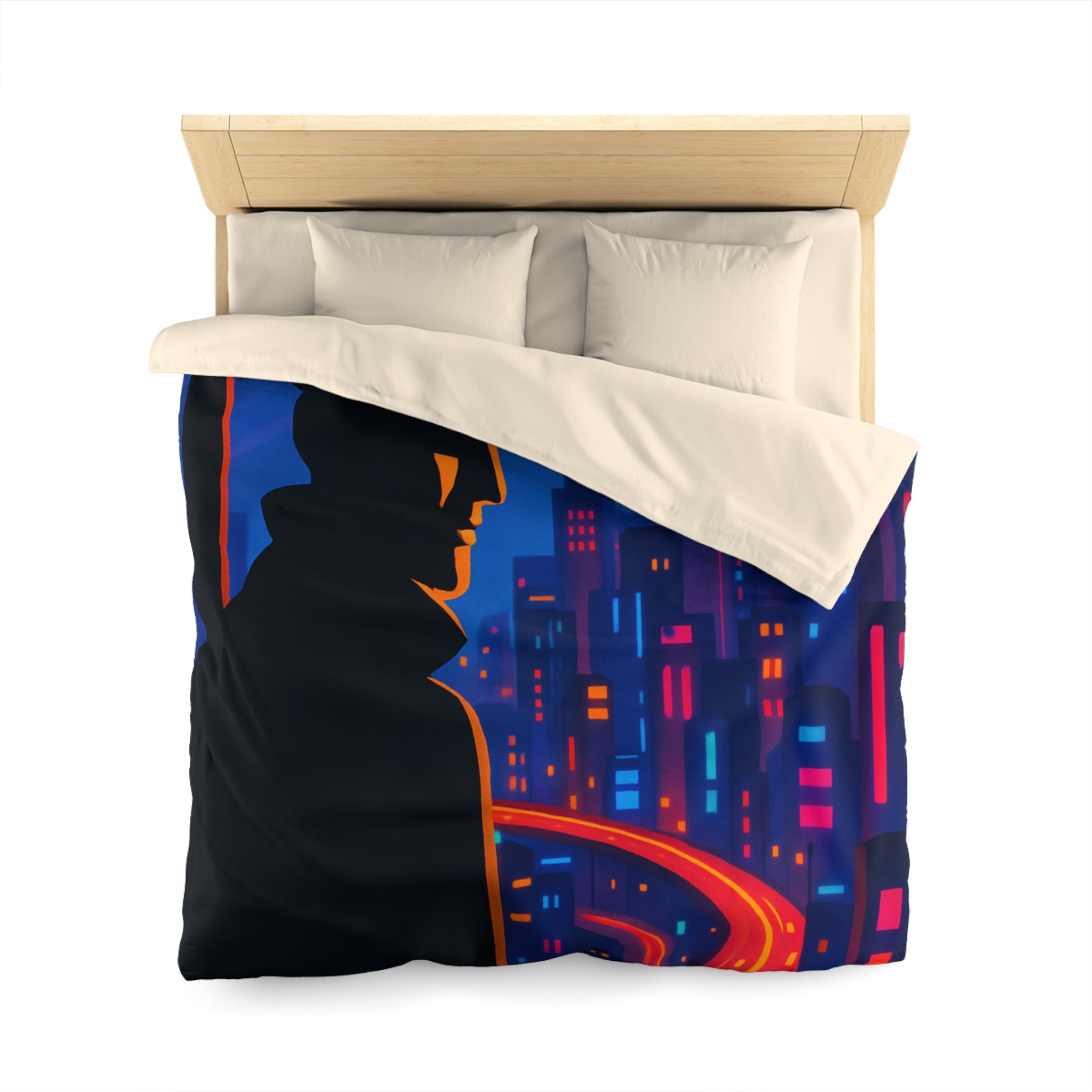 Housse de couette rétro mystérieuse avec silhouette urbaine nocturne et routes lumineuses