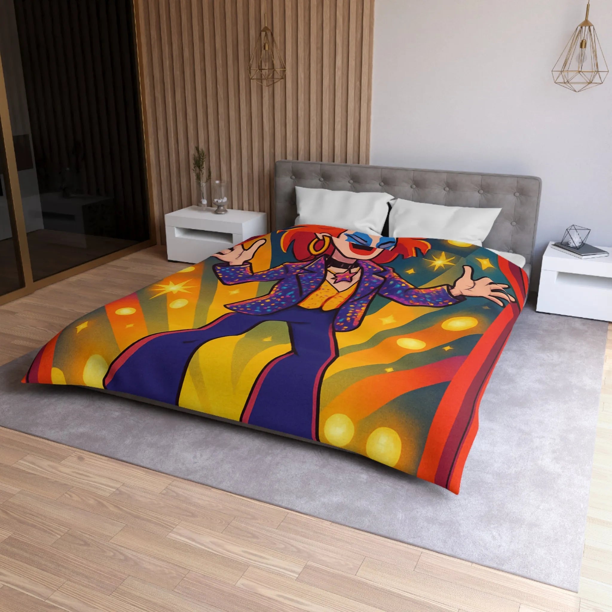 Housse de couette colorée avec personnage énergique sur scène, étoiles et rideaux rouges