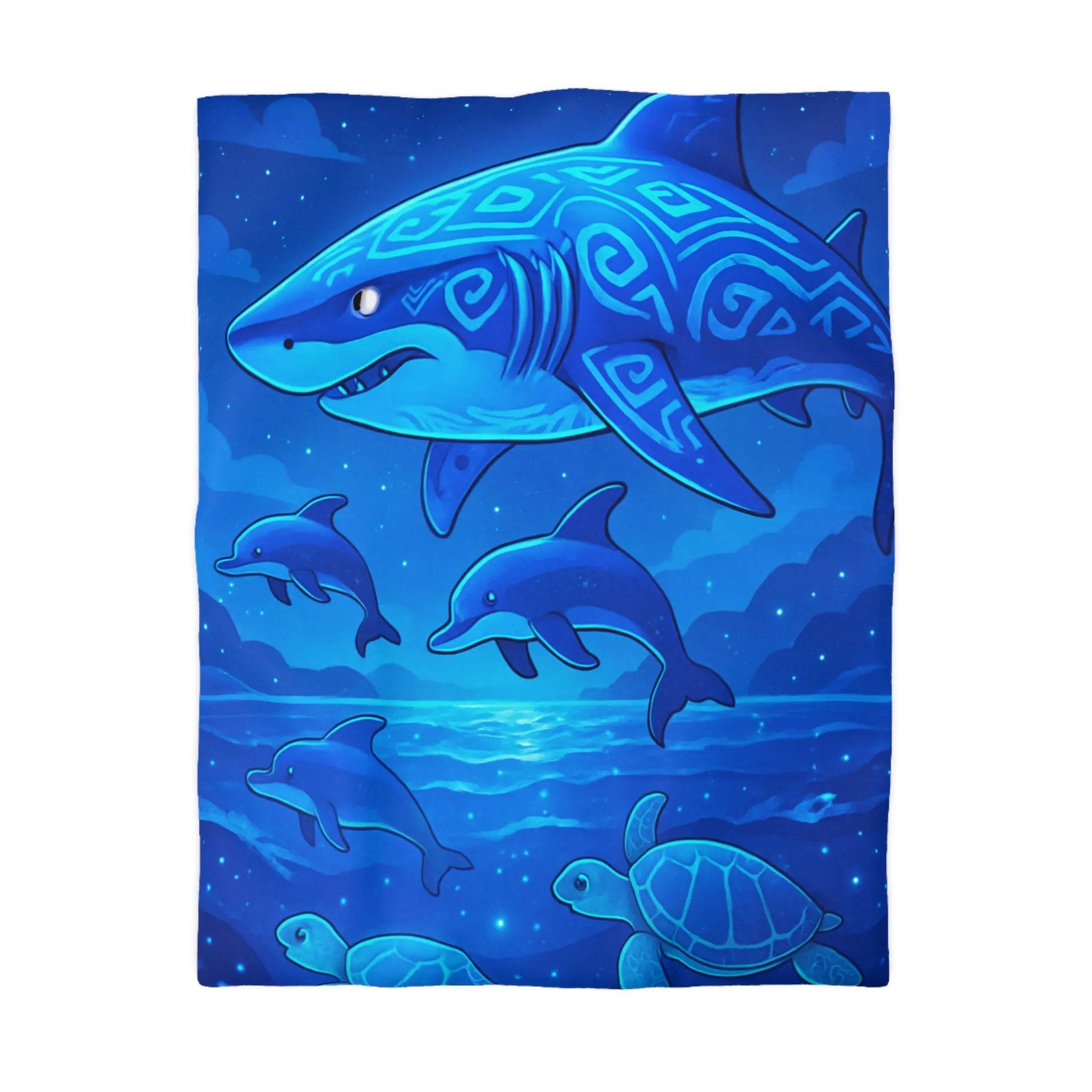 Housse de couette artistique océan avec requin, dauphins et tortues pour relaxation ultime