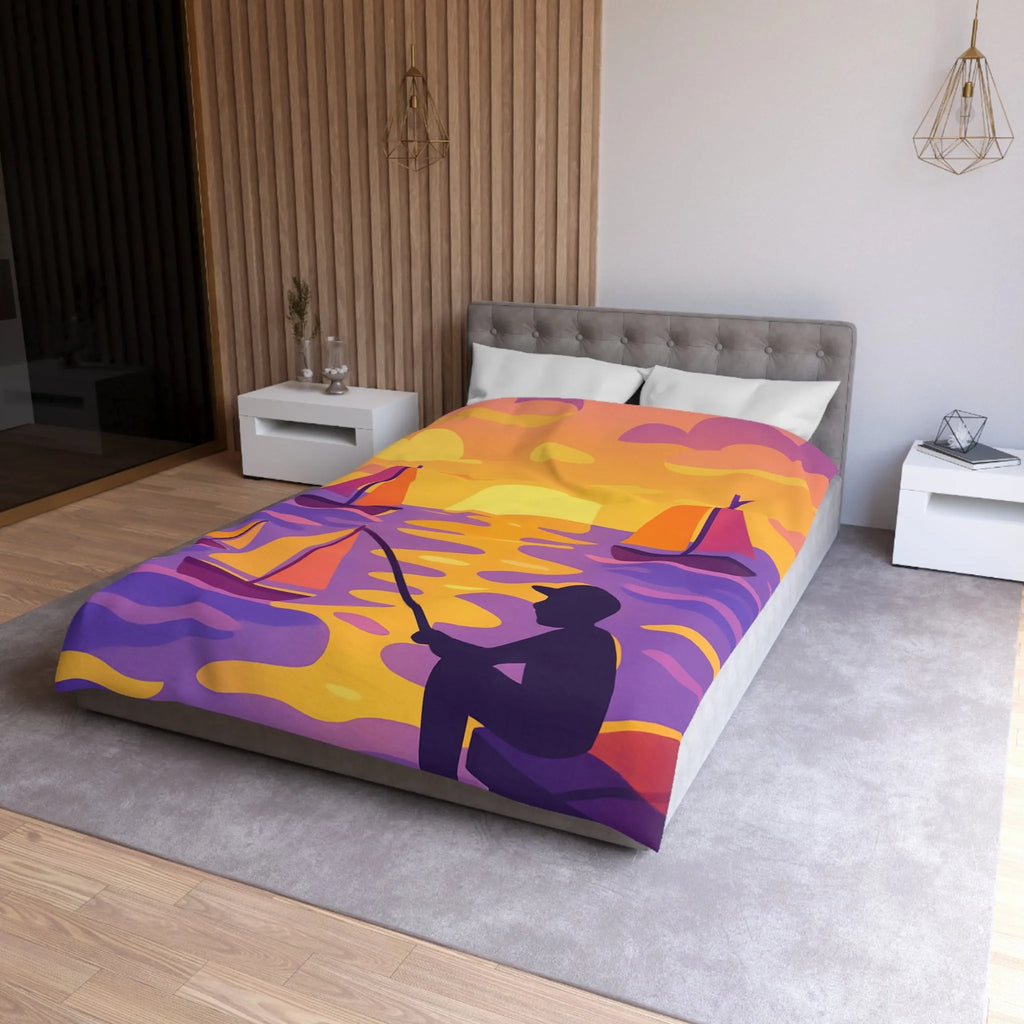 Housse de couette colorée avec voiliers et coucher de soleil magnifique au bord de l'eau