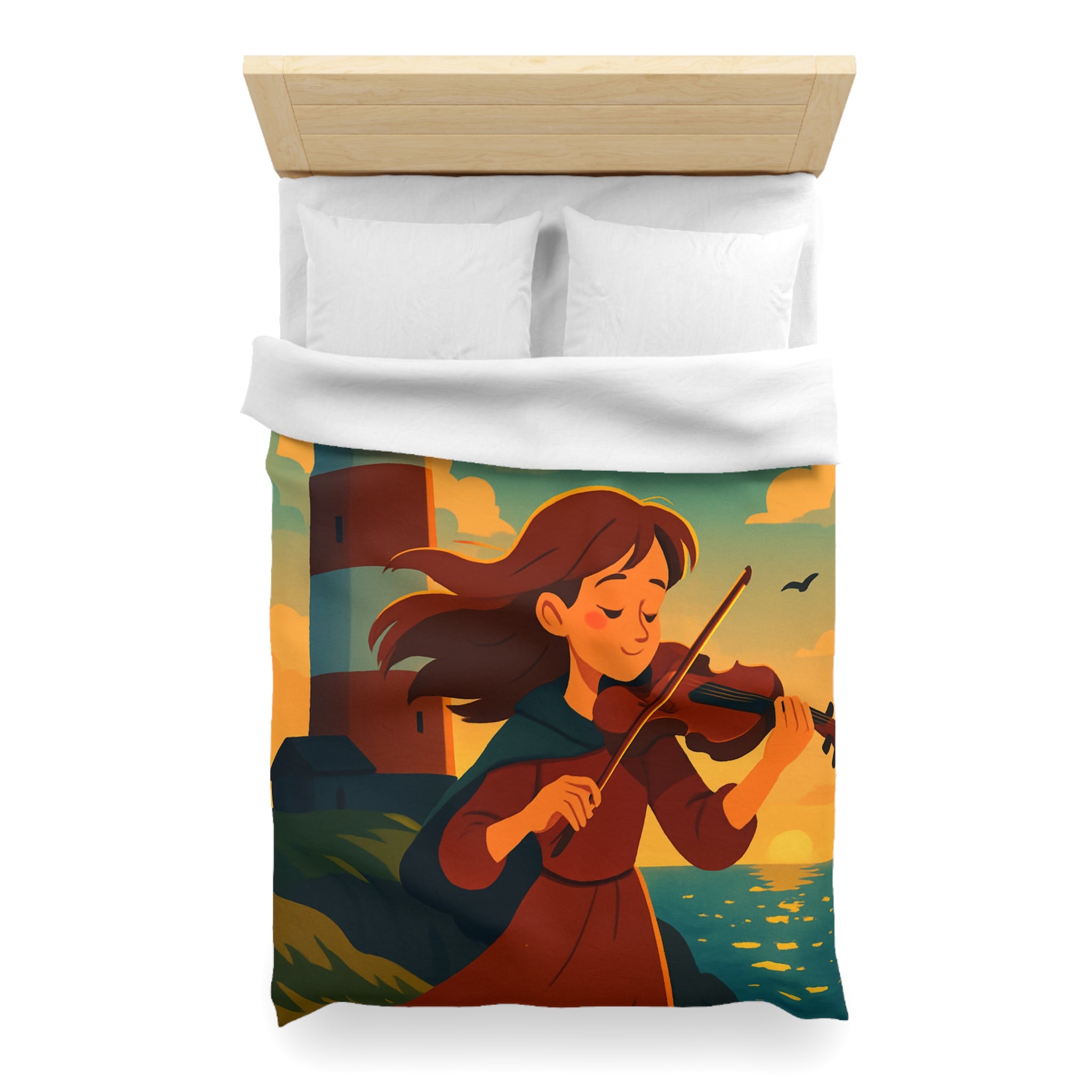 Housse de Couette Unique avec Fille Jouant du Violon Devant un Phare au Crépuscule
