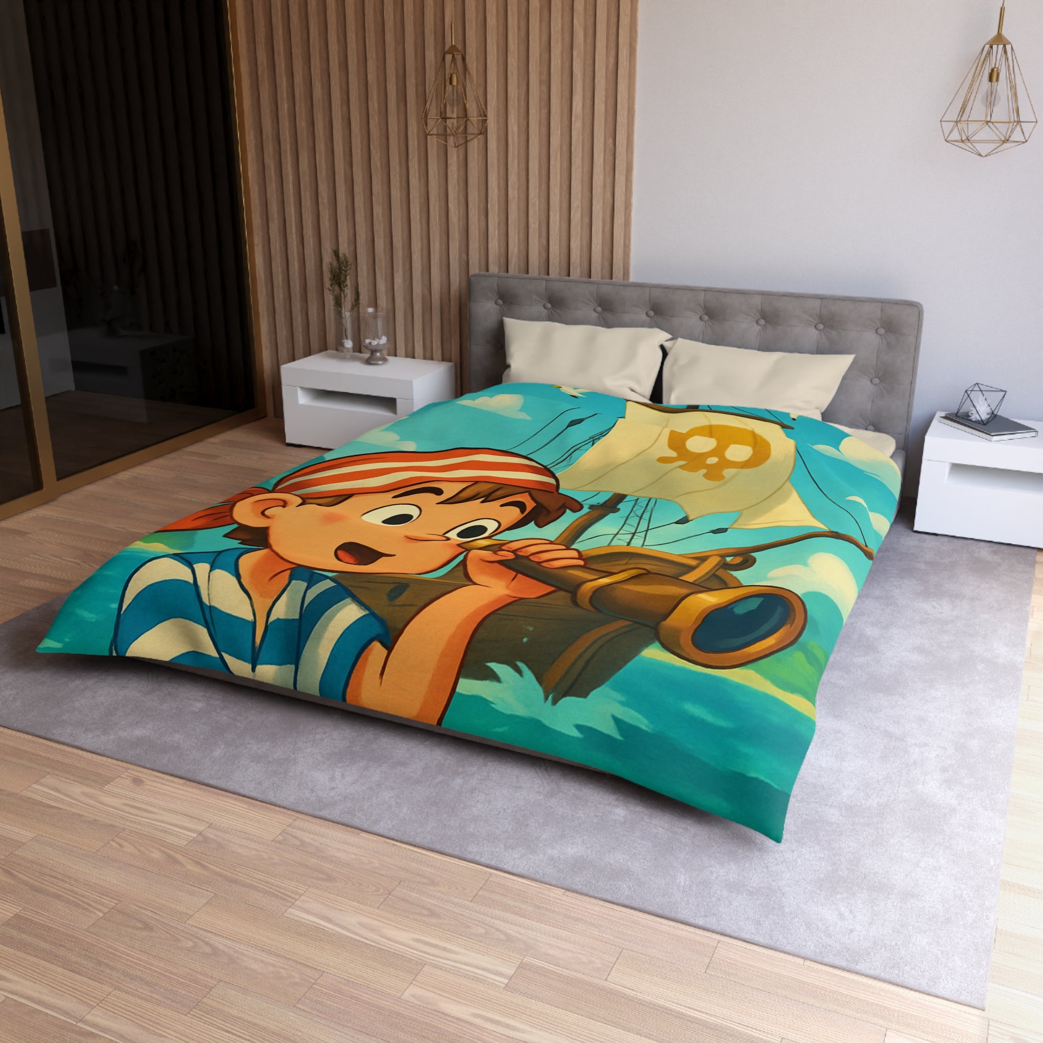 Housse de Couette Pirate Enfantine avec Bateau et Jumelles pour Chambre Aventure