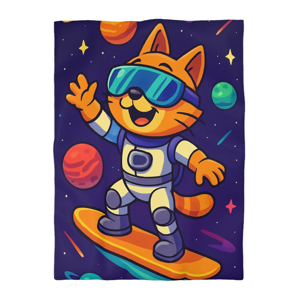 Fantaisie féline spatiale : chat en combinaison surfe sur l'univers étoilé coloré