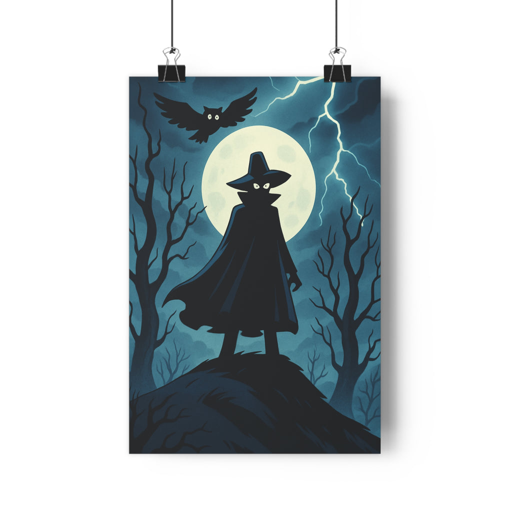 Poster décoratif noir blanc dessin animé gothique mystique silhouette hibou lune arbres chambre salon