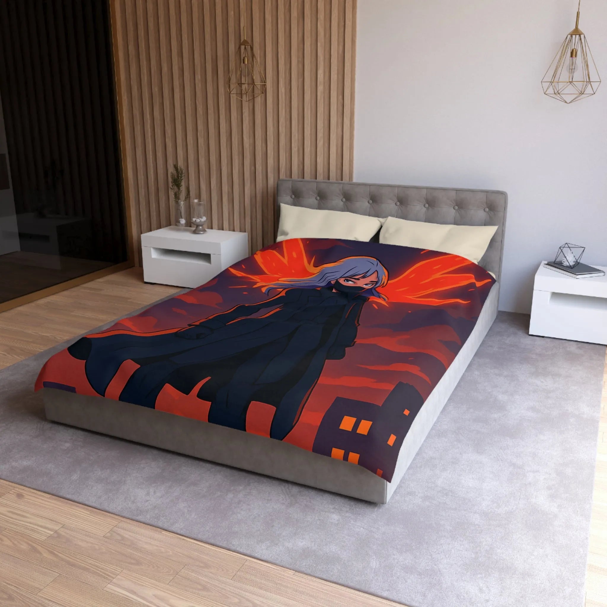 Housse de Couette Gothique avec Figure Angélique Ailée et Ville Enflammée Stylisée