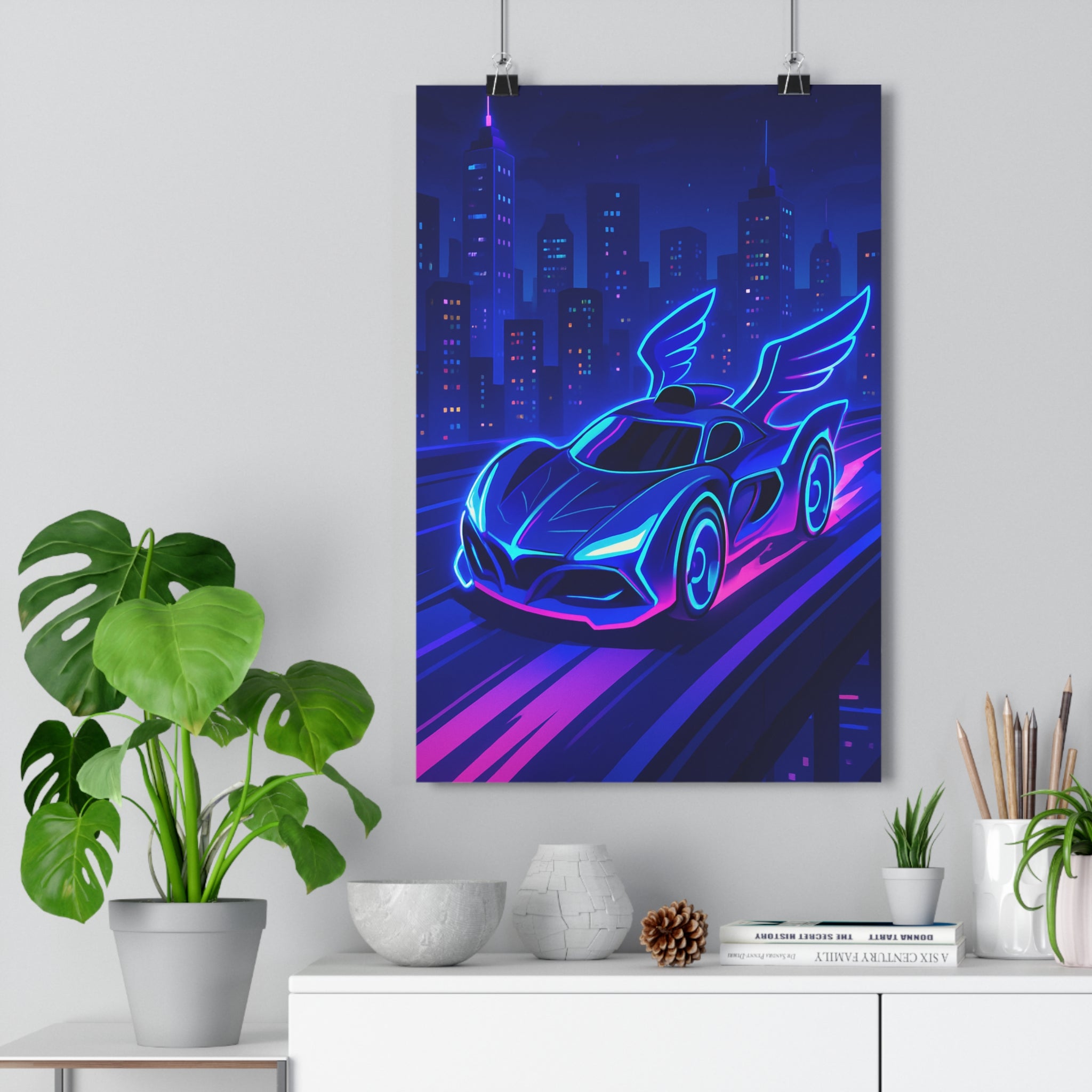 Poster décoratif voiture futuriste cyberpunk anime néons bleus roses salon moderne ambiance dynamique qualité