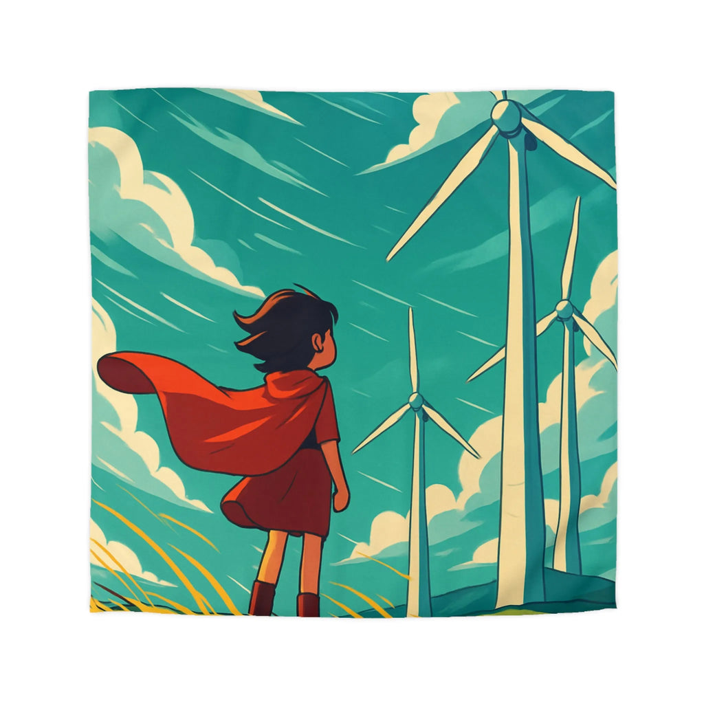 Housse de Couette Enfant avec Éoliennes et Paysage Venté Rouge et Bleu