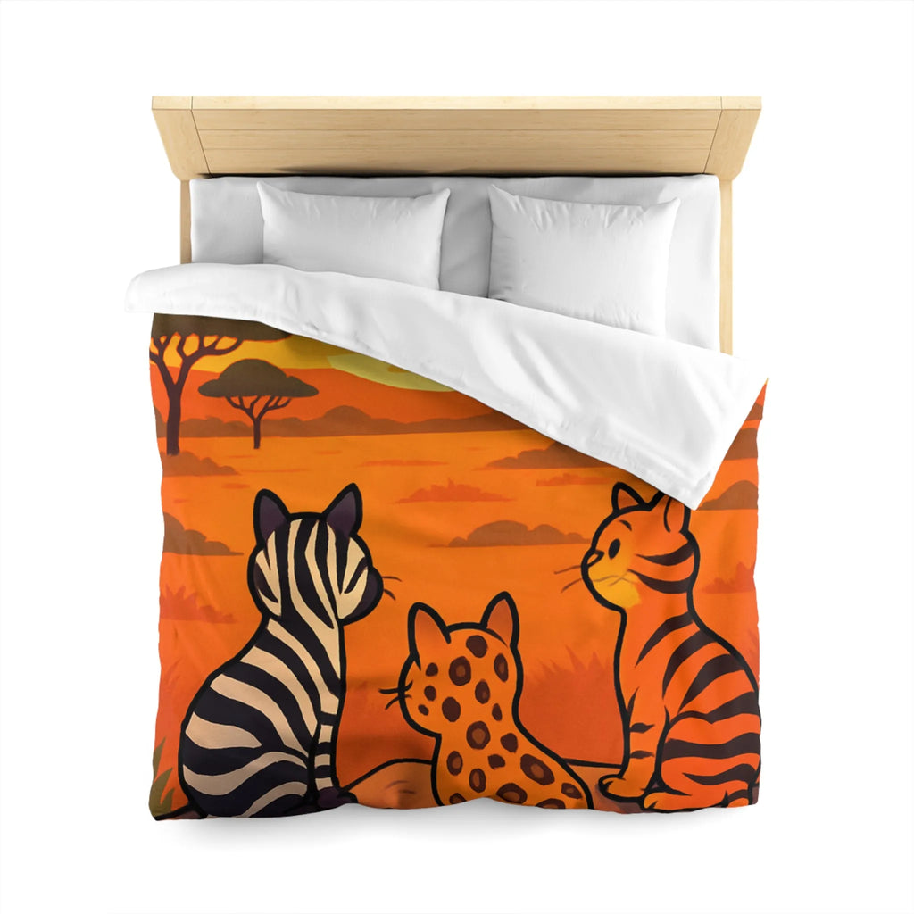 Housse de Couette avec Chats Sauvages Observant le Coucher de Soleil en Savane Africaine