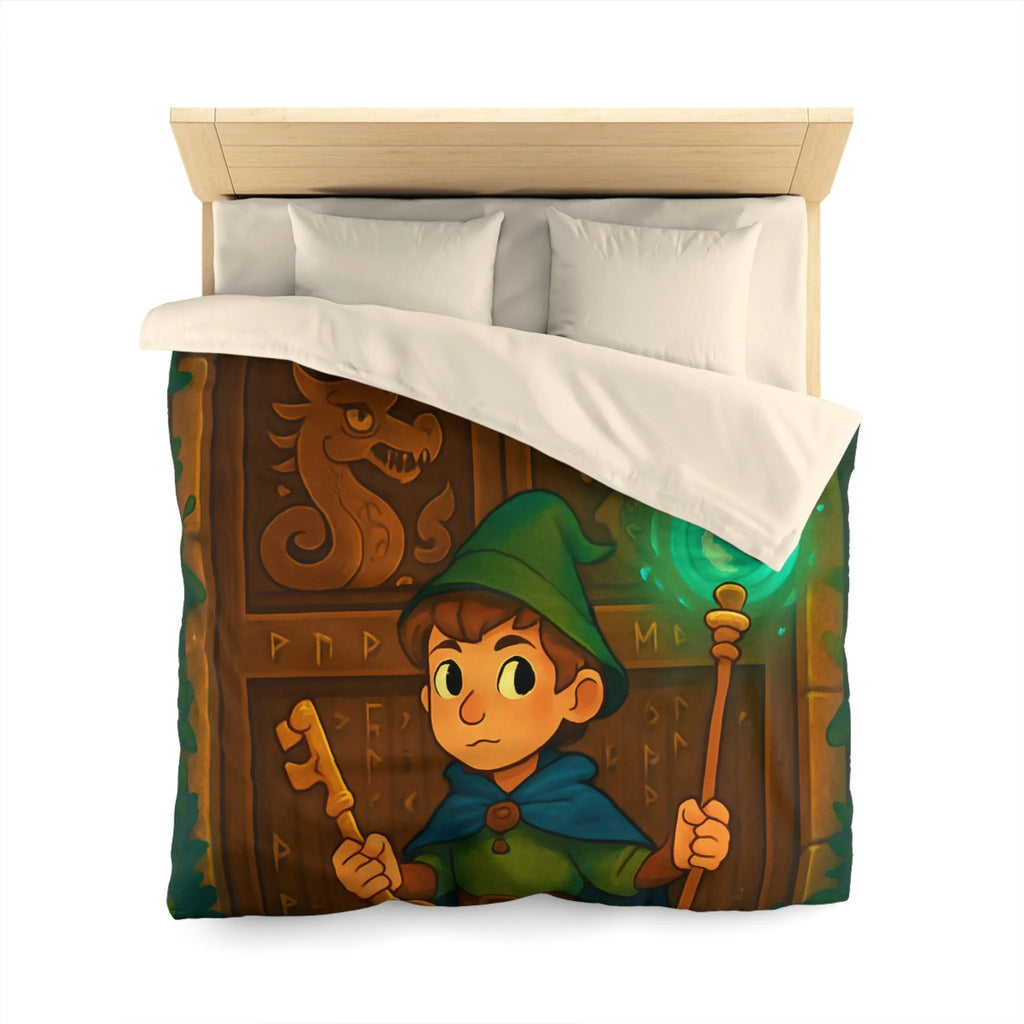 Housse de couette avec illustration enchantée de sorcier devant porte mystérieuse boisée