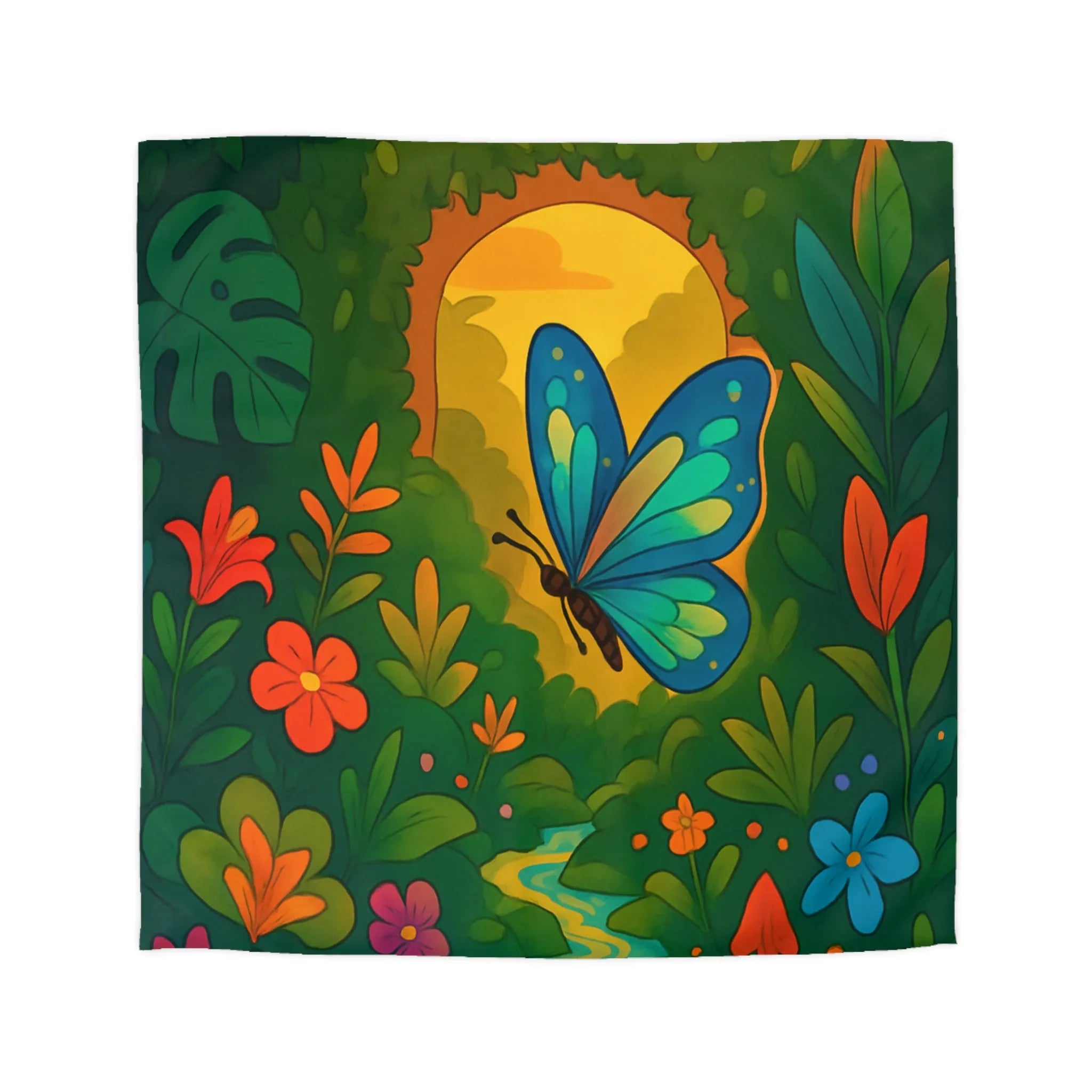 Housse de Couette avec Papillon et Jungle Colorée pour Chambre Enfant Éclatante Nature