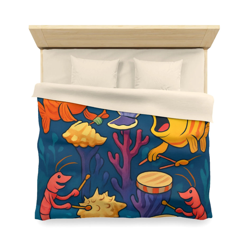 Housse de couette illustration colorée avec poissons chantants et crustacés musicaux sous l'océan