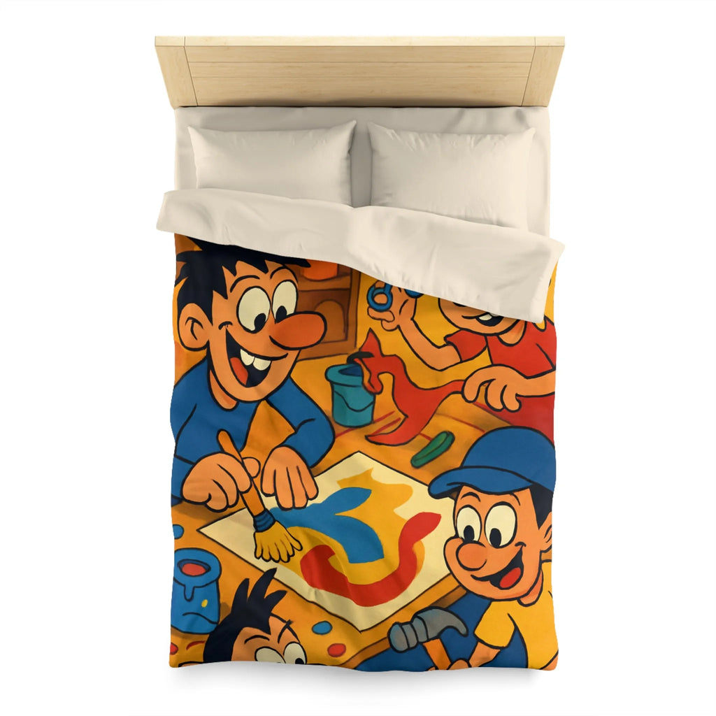 Housse de couette coloriée ludique avec enfants joyeux peignant et créant ensemble dans atelier