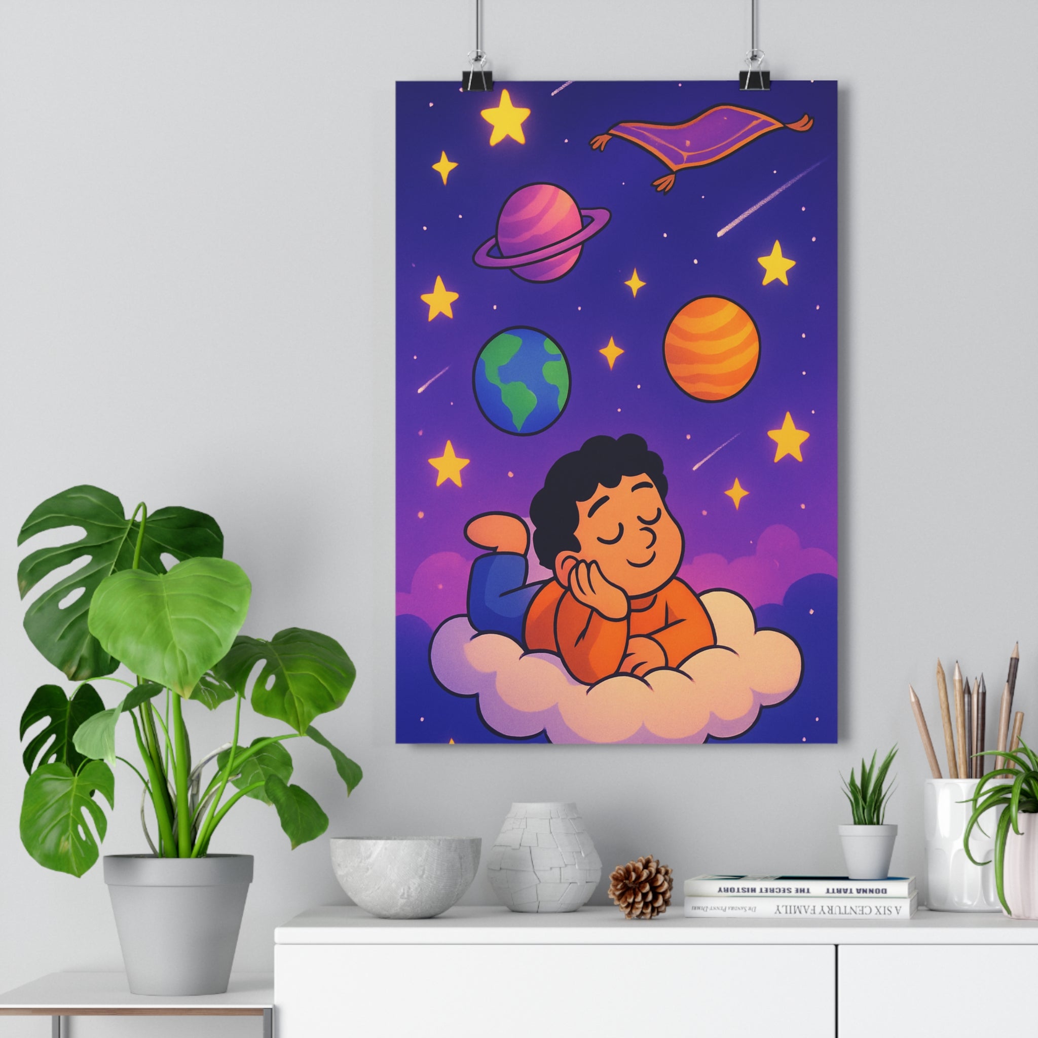 Poster décoratif enfant chambre cartoon bleu orange violet magique rêve imagination 30x46 créatif céleste
