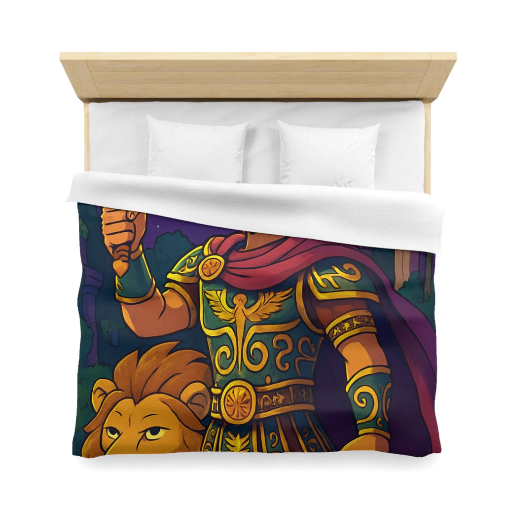 Housse de couette épique pour enfants avec un guerrier et un lion mythiques