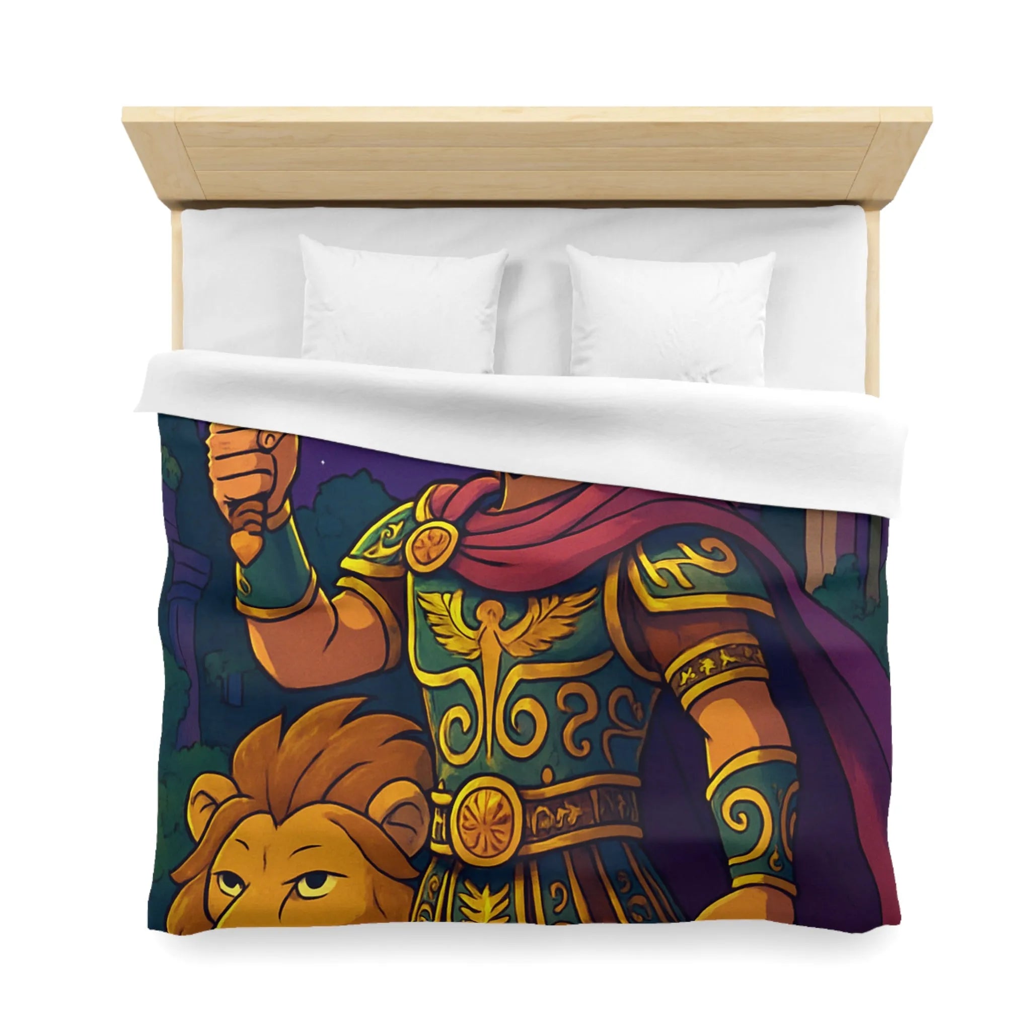 Housse de couette épique pour enfants avec un guerrier et un lion mythiques
