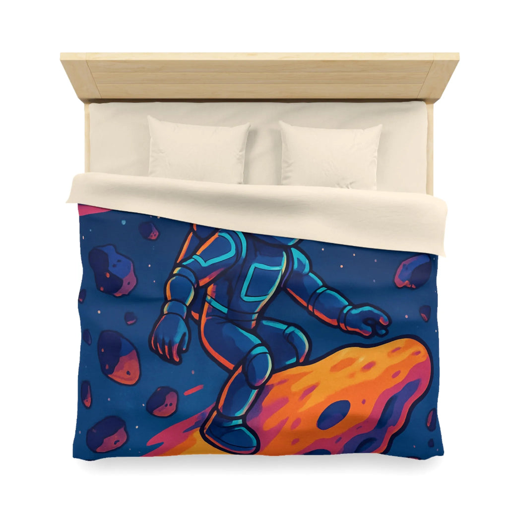 Aventure spatiale colorée avec astronaute sur météore, planète anneau et vaisseaux futuristes