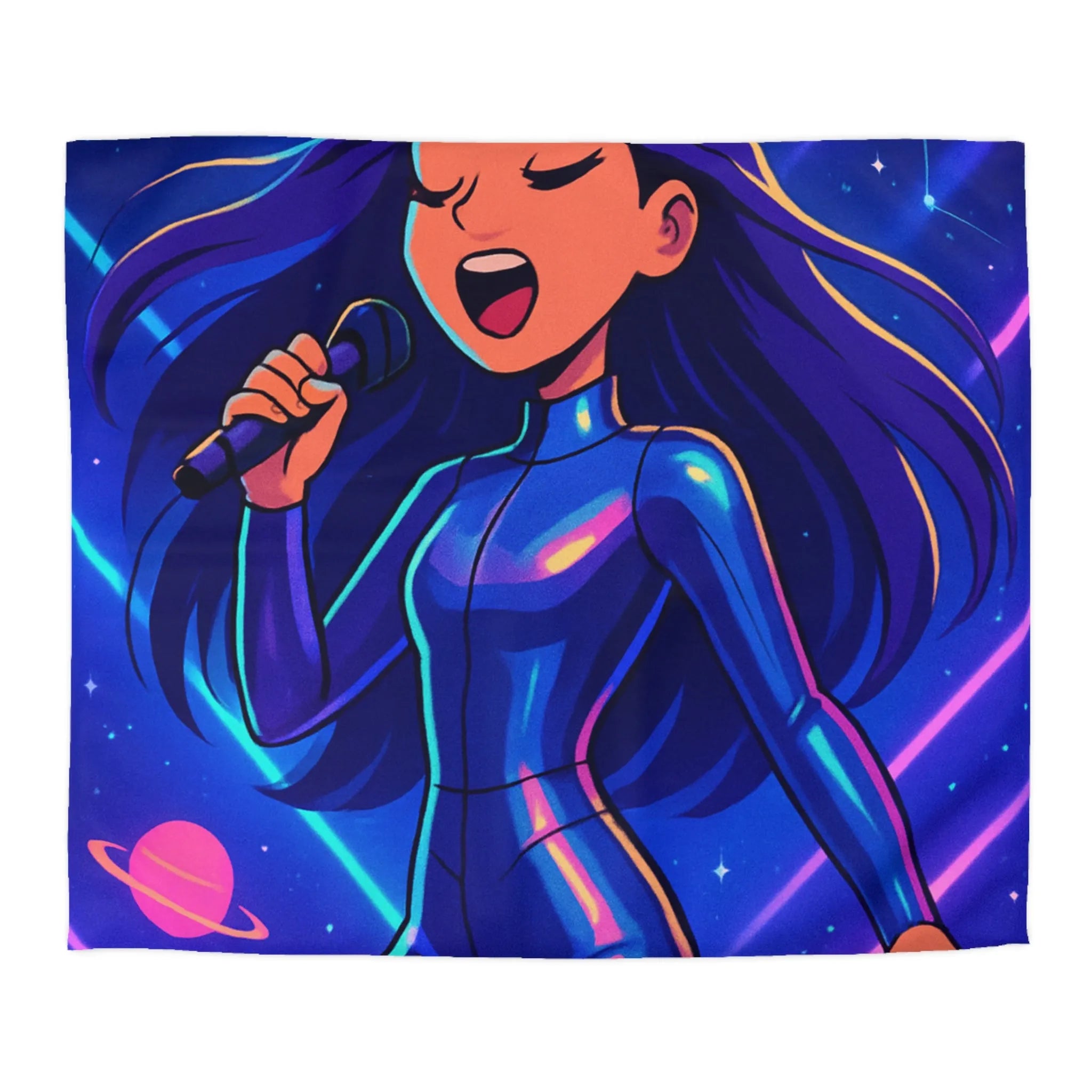 "Housse de couette galaxie: chanteuse en combinaison bleue avec planètes et étoiles brillantes"