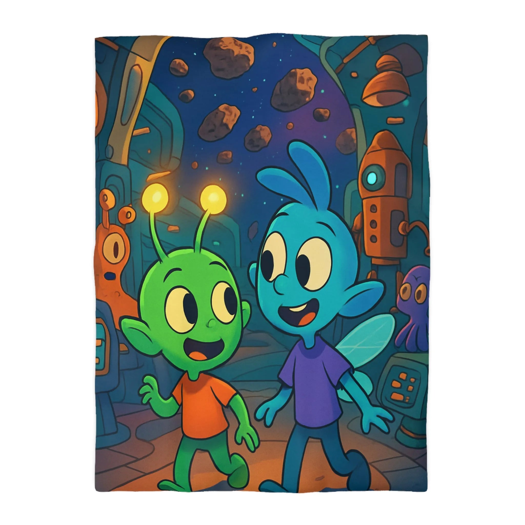 Housse de couette enfant extraterrestre bleu et vert dans vaisseau spatial coloré amusant