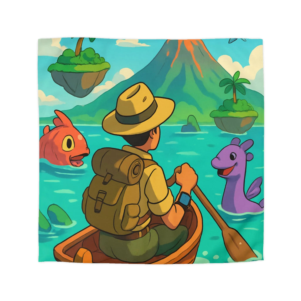 Housse de couette île volcanique exotique avec aventurier et créatures marines colorées