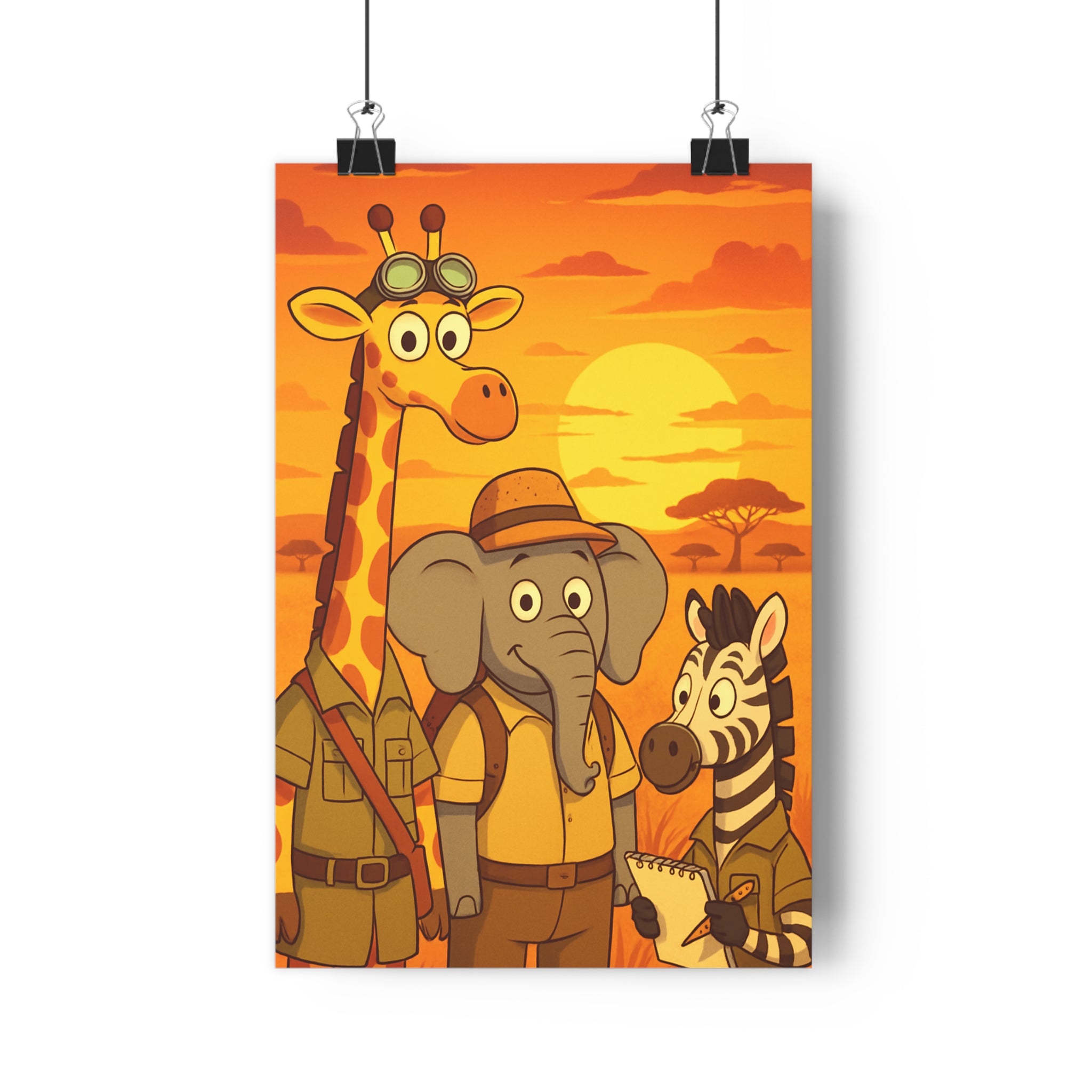 Poster décoratif cartoon enfant safari girafe éléphant zèbre joyeux chambre couleurs chaudes 30x46 cm