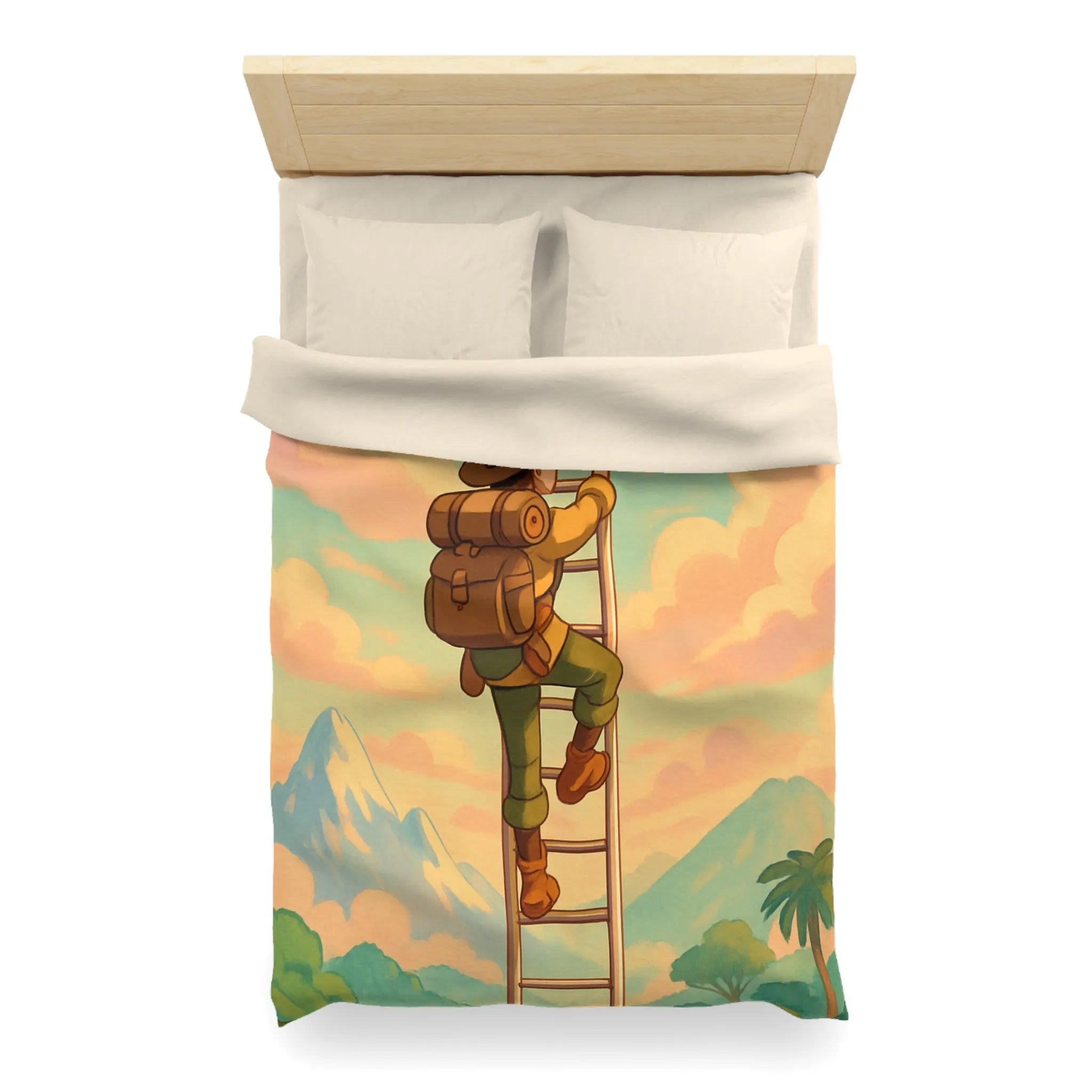 Housse de couette avec aventurier grimpant échelle vers ciel pastel et montagnes lointaines
