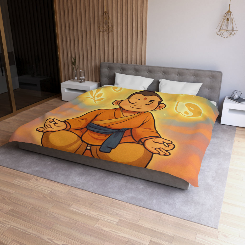 Housse de couette zen avec méditation, symboles spirituels, orange et bleu apaisant