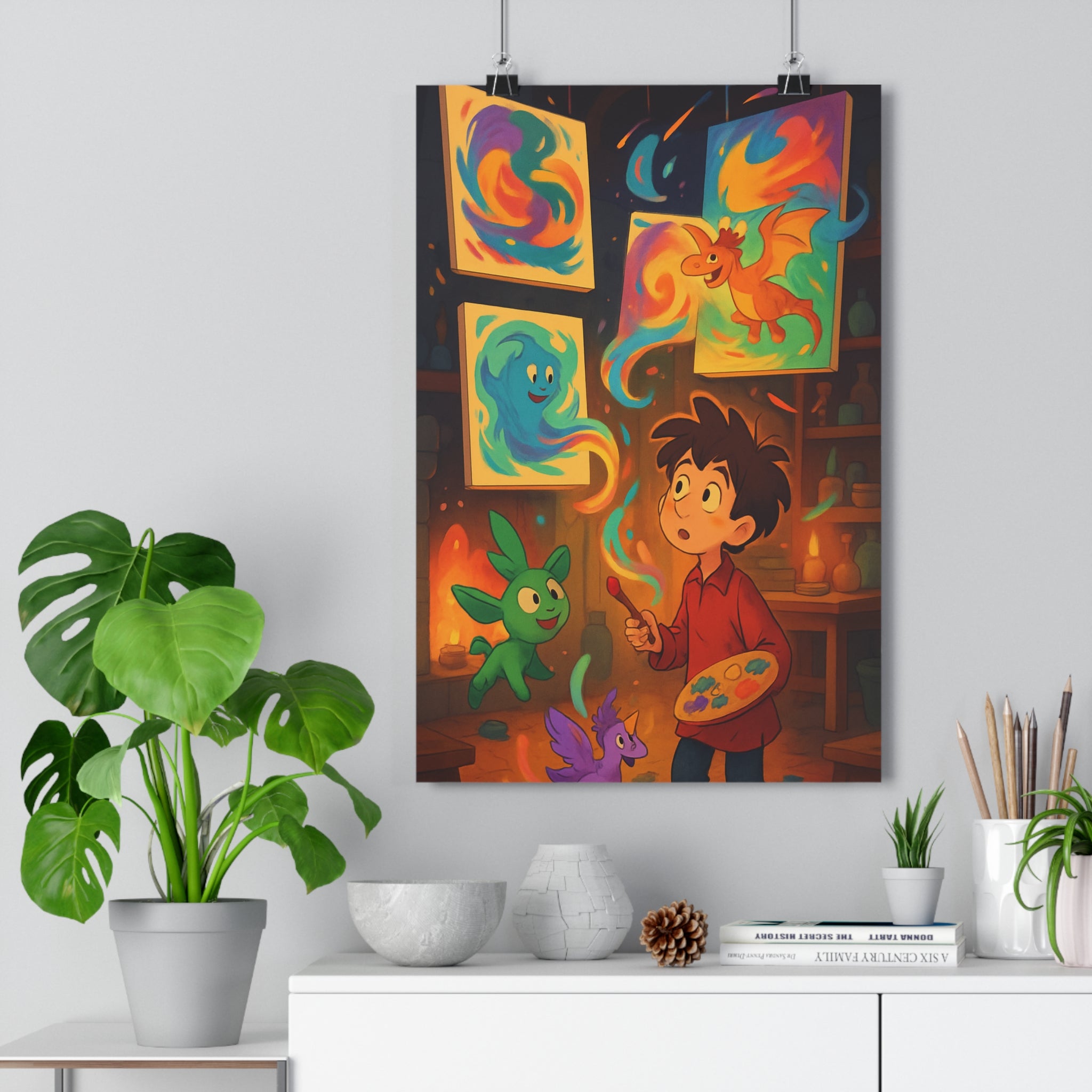 Poster décoratif enchanté fantastique coloré joyeux enfant créatures artistiques magique dragon bleu orange chambre