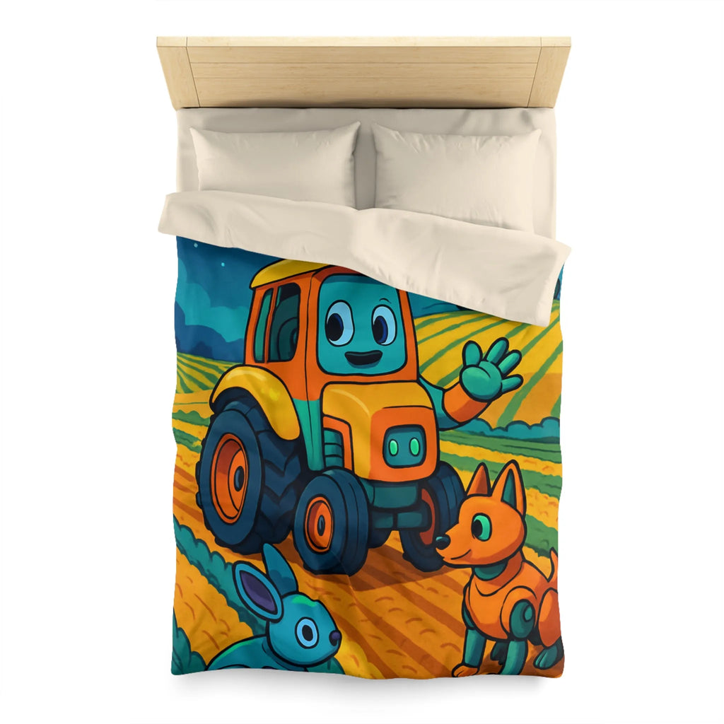 Housse de couette colorée avec tracteur joyeux, robots animaux et scène de ferme nocturne