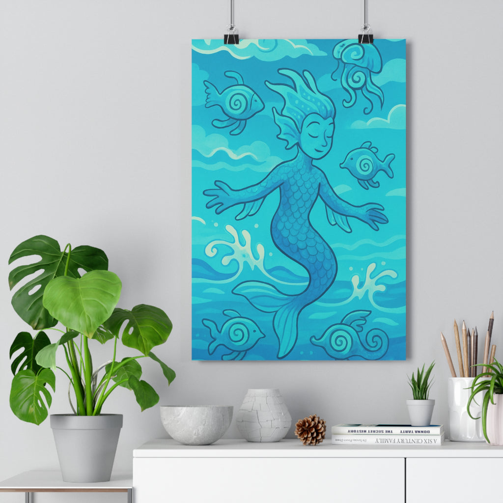 Poster décoratif créature marine sirène bleu pastel cartoon onirique chambre enfant détente 30x46 cm