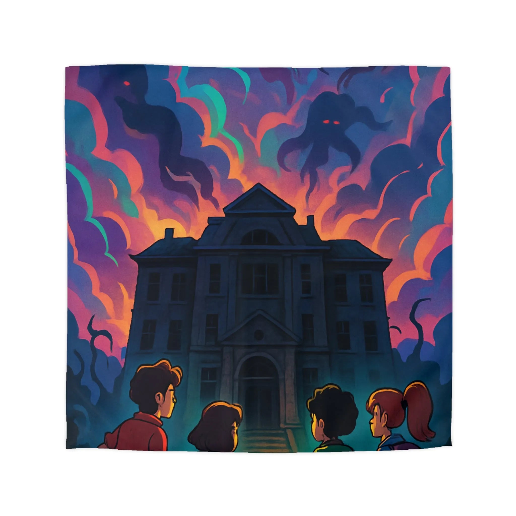 Housse de couette colorée avec maison hantée et nuages effrayants pour chambre inspirée