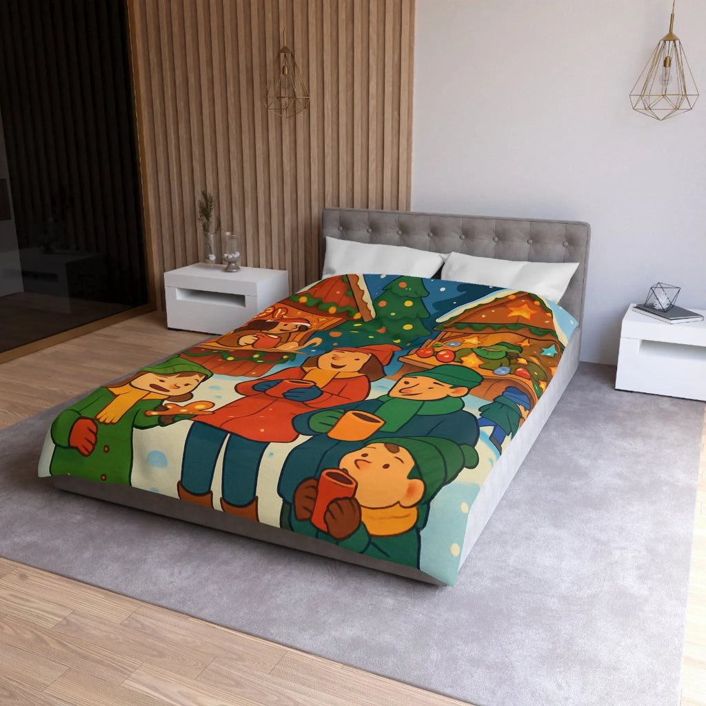Housse de couette chaleureuse illustrant une scène festive de marché de Noël joyeux